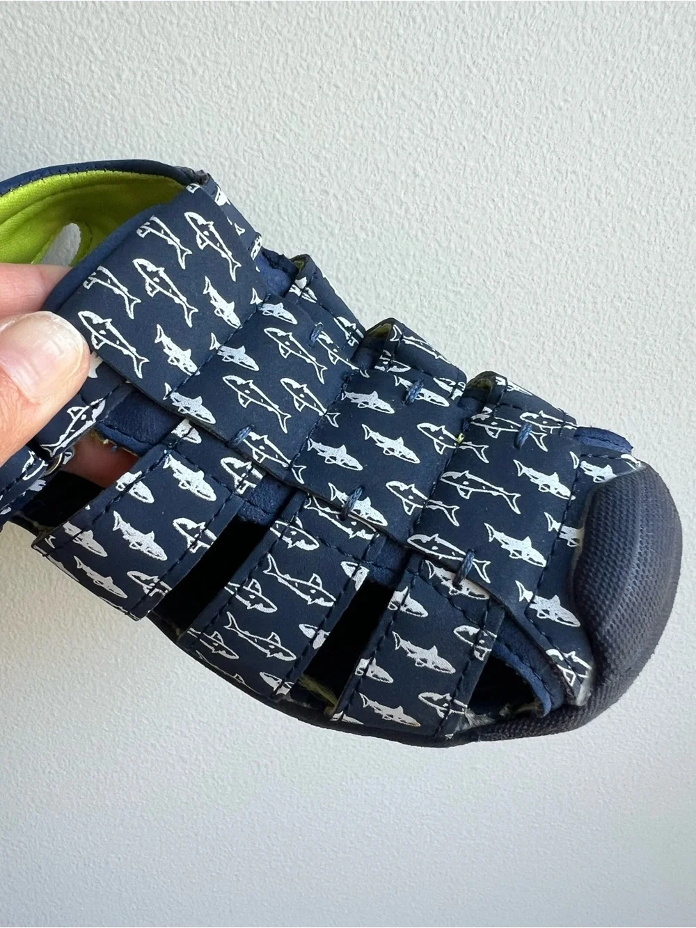 Kids Shark-Print Navy Sandals with Lime Accent